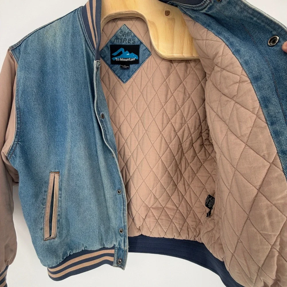 Tri-Mountain Boeing Denim Varsity Jacket Mens XL Blue Tan Bomber Style 7700